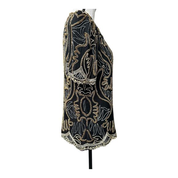Vintage Lawrence Kazar Black Beaded Silk Top | Gold Silver Embellished | Size L - Picture 5 of 6